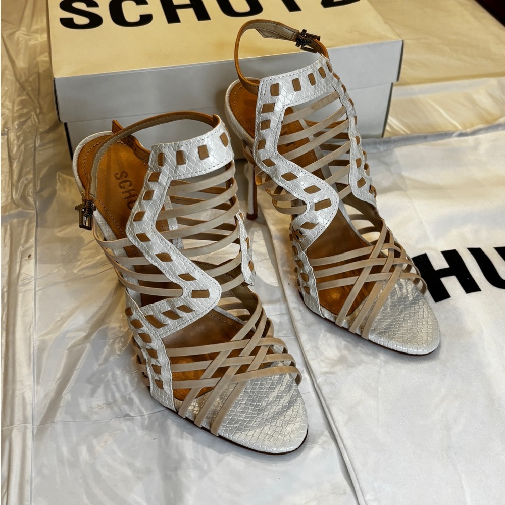 Amina Muaddi White and Tan Strappy Heels